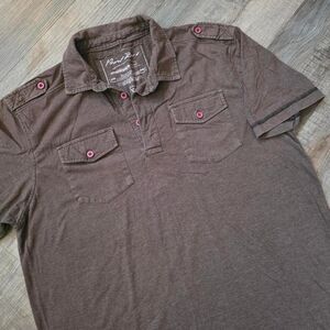 Point Zero Mens Polo Shirt XL Brown Pink Buttons Epaulets